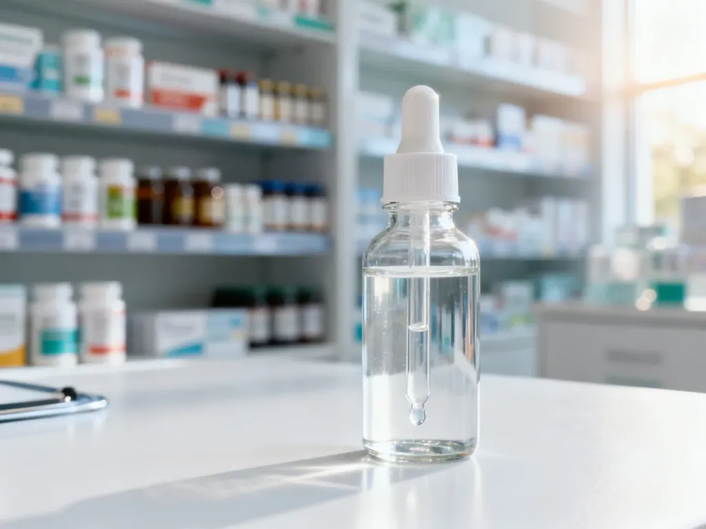 Szklana butelka z kroplomierzem zawierająca przezroczysty płyn na sterylnym, medycznym podłożu w profesjonalnym laboratorium.