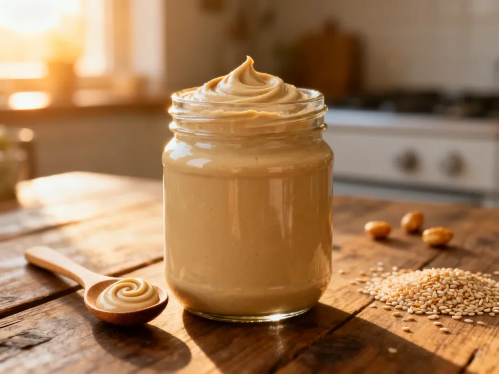 Szklany słoik z kremową pastą tahini na drewnianym stole, obok łyżeczka z porcją produktu i rozsypane ziarna sezamu.