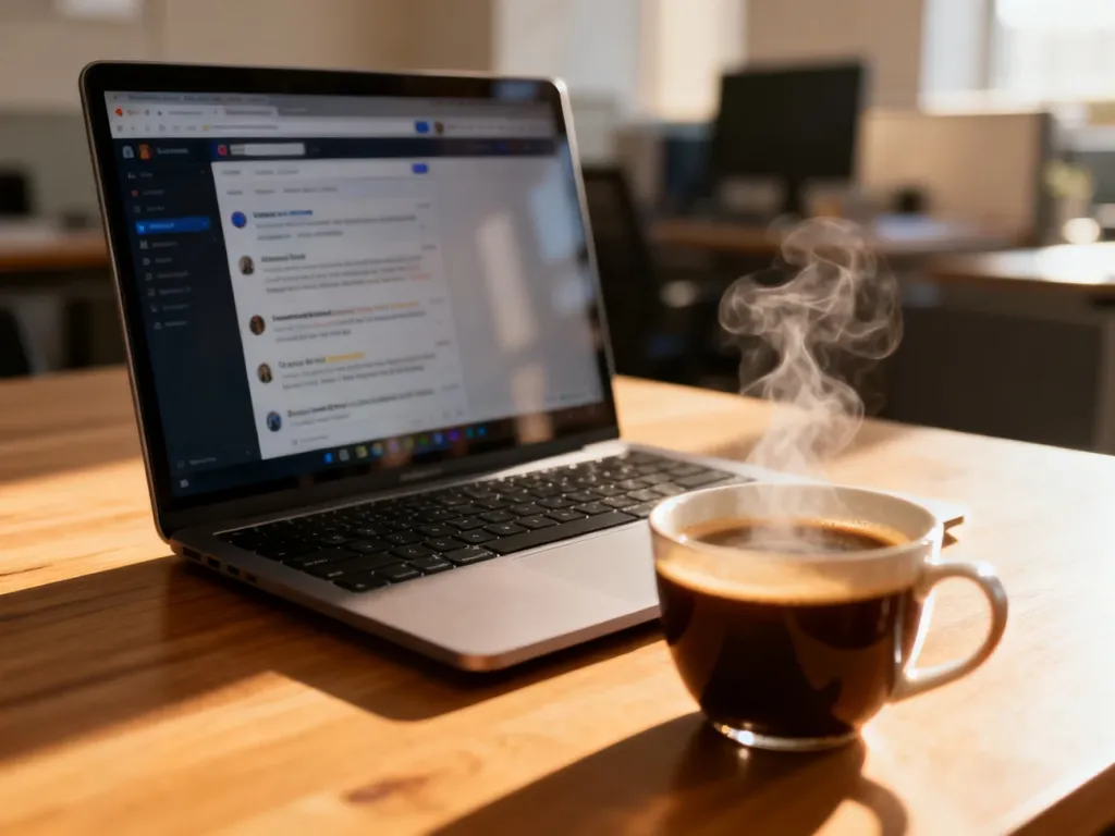 Laptop z otwartym forum internetowym i parująca kawa na drewnianym biurku w przytulnym, słonecznym wnętrzu.