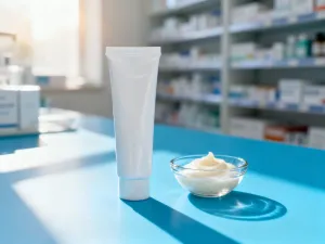 Szklana butelka z fioletowymi kryształkami nadmanganianu potasu na drewnianym stole w laboratorium chemicznym.