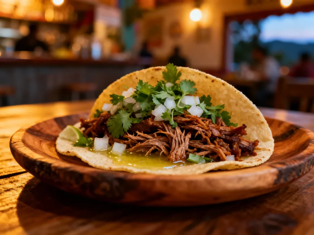 Apetyczne taco z mięsem, kolendrą i limonką na drewnianym talerzu w klimatycznej meksykańskiej restauracji.