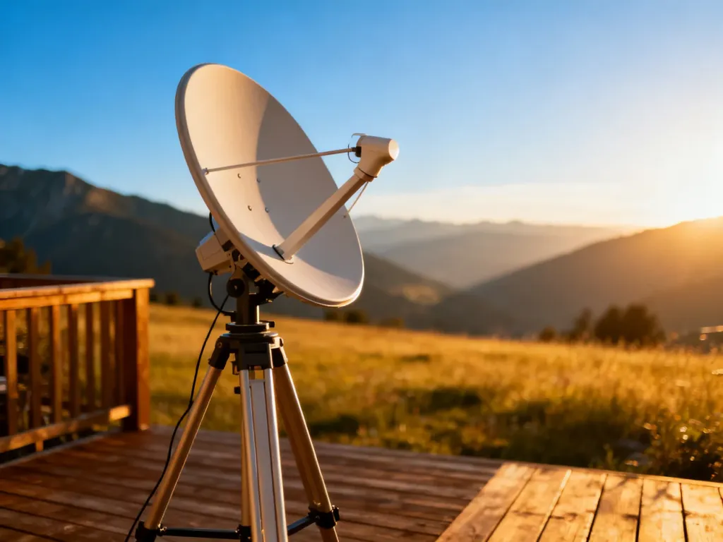 Antena satelitarna Starlink ustawiona na drewnianym tarasie z widokiem na górską łąkę podczas zachodu słońca.