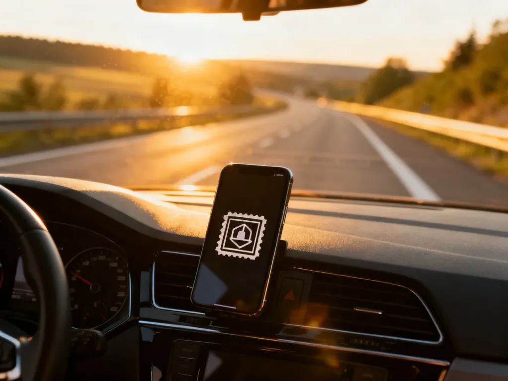 Smartfon z ikoną cyfrowej winiety na tle autostrady w Czechach podczas słonecznego poranka.