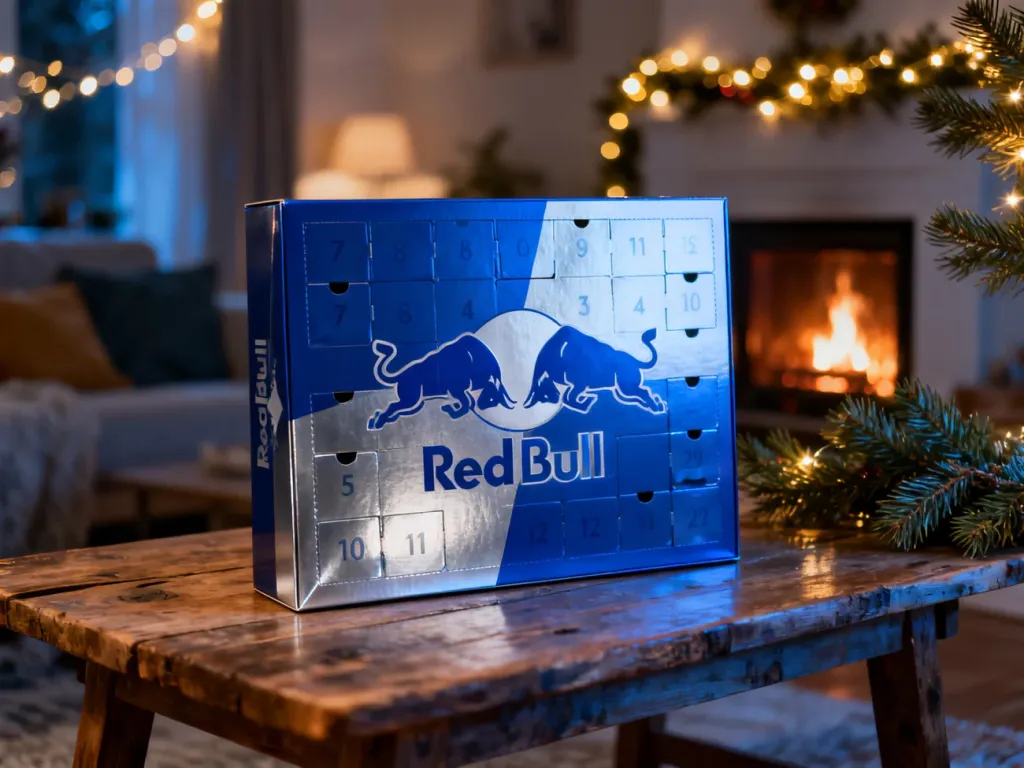 Elegancki kalendarz adwentowy Red Bull na drewnianym stole w przytulnym, świątecznym wnętrzu z ciepłym oświetleniem.