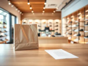 Kobieta w domu spokojnie pakuje paczkę z etykietą zwrotu Bonprix przy laptopie, przygotowując się do odesłania produktu