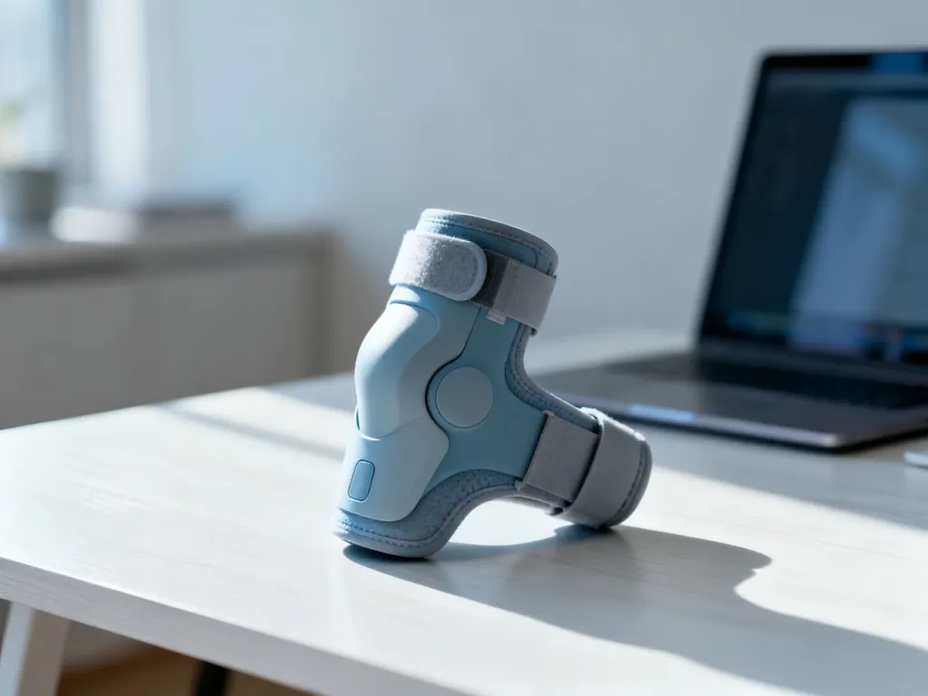Nowoczesna orteza kolana Senura leżąca na biurku, prezentująca ergonomiczny design produktu w domowym otoczeniu.