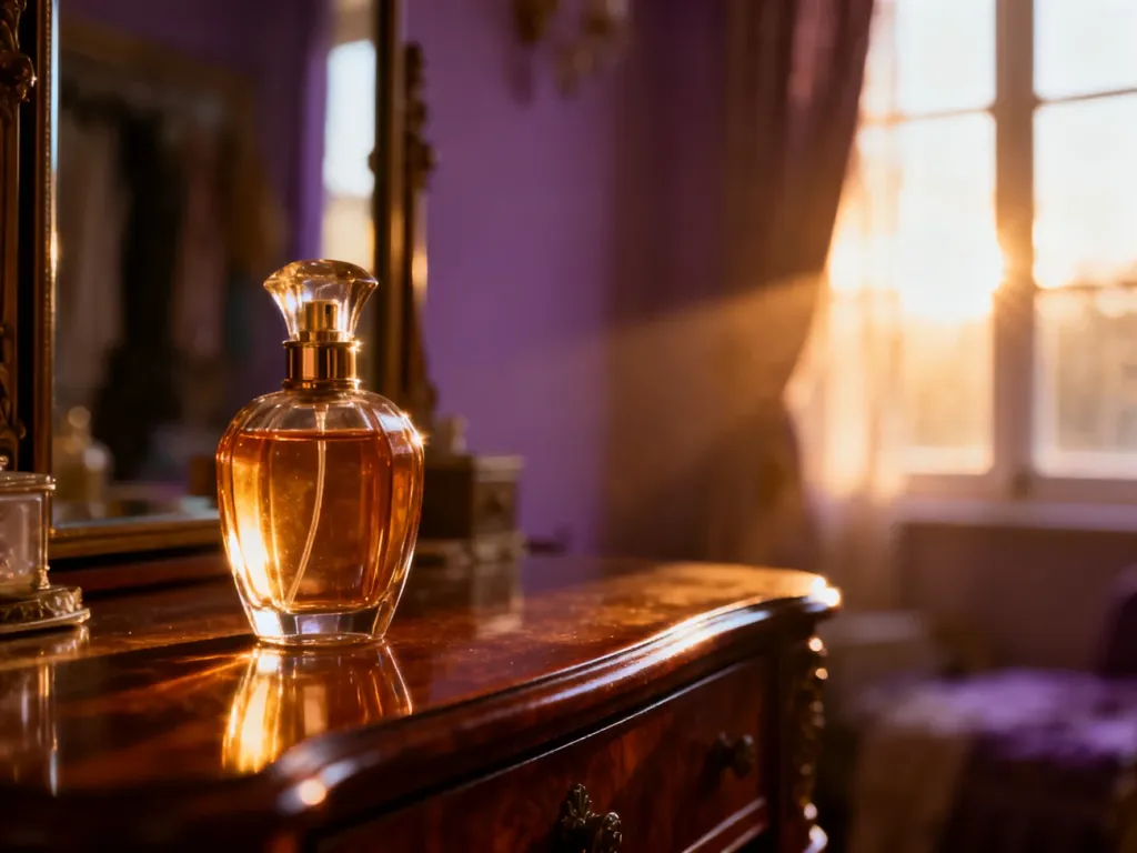Elegancki flakon perfum Currara z lat 90. na drewnianej toaletce w ciepłym, nostalgicznym świetle zachodzącego słońca.