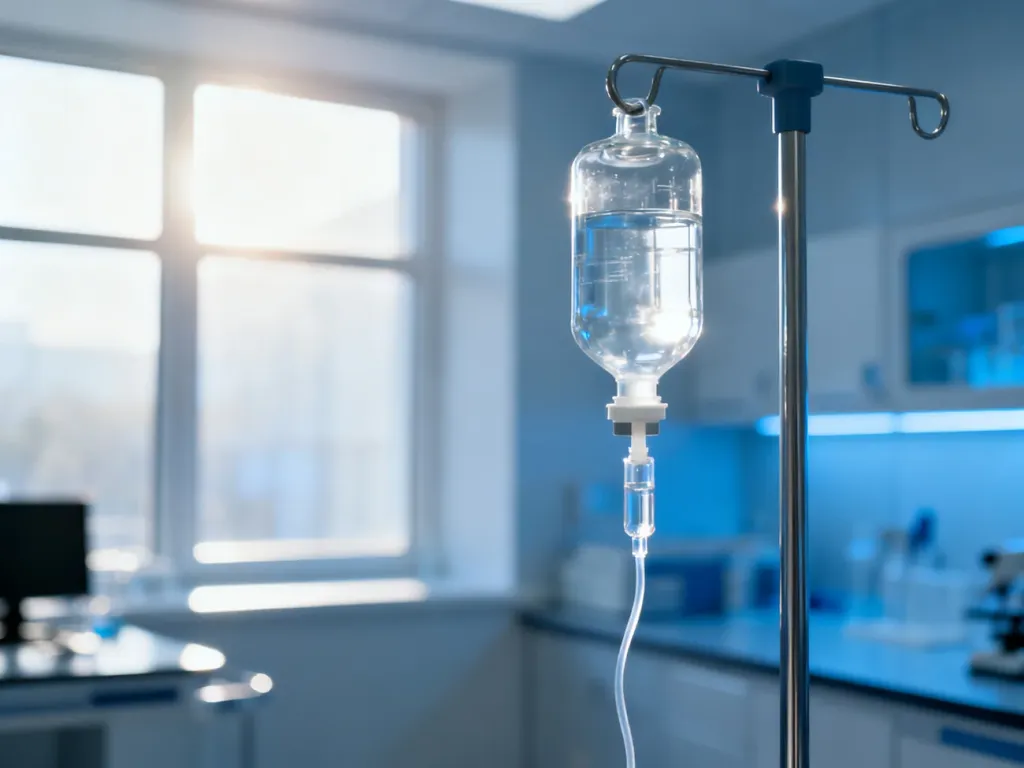 Kroplówka z witaminą C w nowoczesnym gabinecie lekarskim, podkreślająca profesjonalny i sterylny charakter zabiegu.