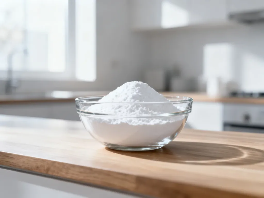 Szklana miseczka z białą sodą oczyszczoną na drewnianym blacie kuchennym w jasnym, słonecznym wnętrzu.