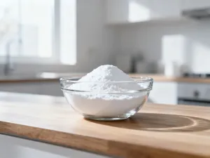 Drewniana miseczka z białą skrobią kukurydzianą na kuchennym blacie w promieniach porannego słońca.