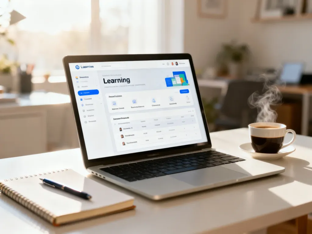 Nowoczesny laptop z otwartą platformą e-learningową na biurku, zachęcający do wygodnej nauki zdalnej w domowym zaciszu.