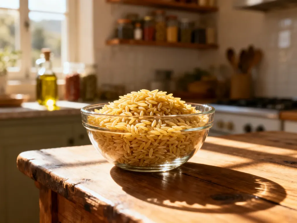 Szklana miska z suchym makaronem orzo na rustykalnym drewnianym stole w słonecznej kuchni.