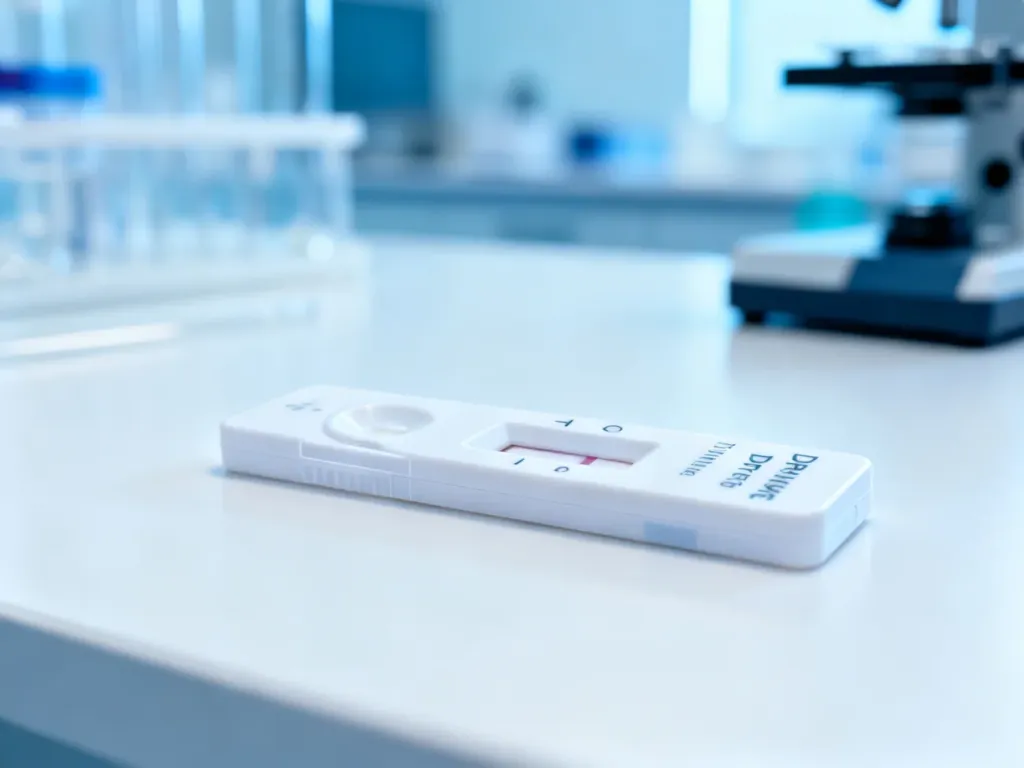 Wielopanelowy test narkotykowy na sterylnym stole laboratoryjnym, gotowy do przeprowadzenia profesjonalnej diagnostyki.