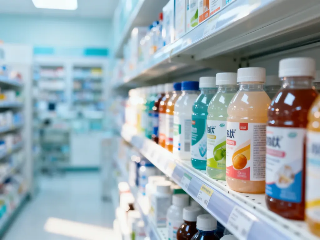 Rzędy butelek z preparatami odżywczymi typu Nutridrink poukładane na półce w sklepie medycznym.