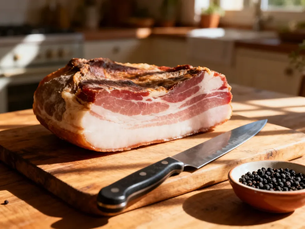 Kawałek guanciale na drewnianej desce z nożem i ziarnami pieprzu w słonecznej włoskiej kuchni.