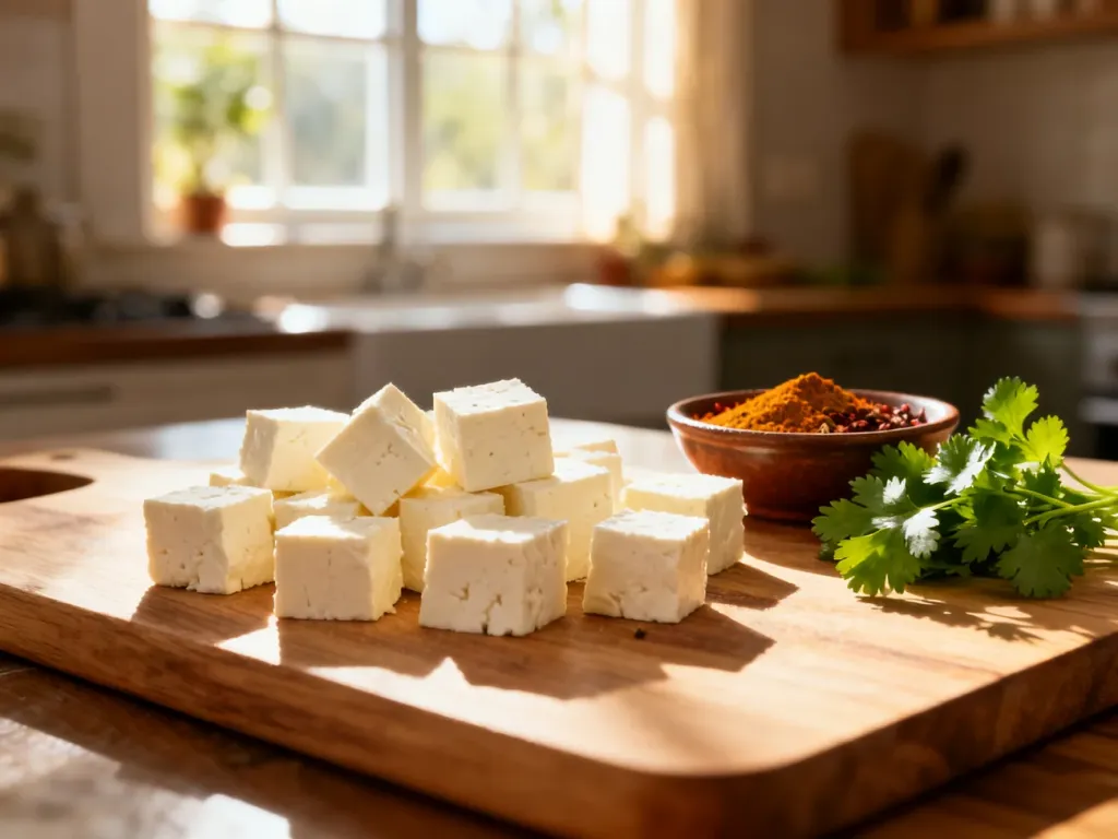 Świeży ser paneer pokrojony w kostkę na desce, obok miseczka z przyprawami i kolendrą w przytulnej kuchni.