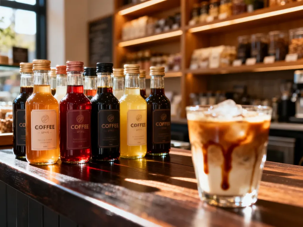 Szklane butelki syropów Monin na ladzie kawiarni oraz mrożona kawa, prezentujące ofertę produktów premium.