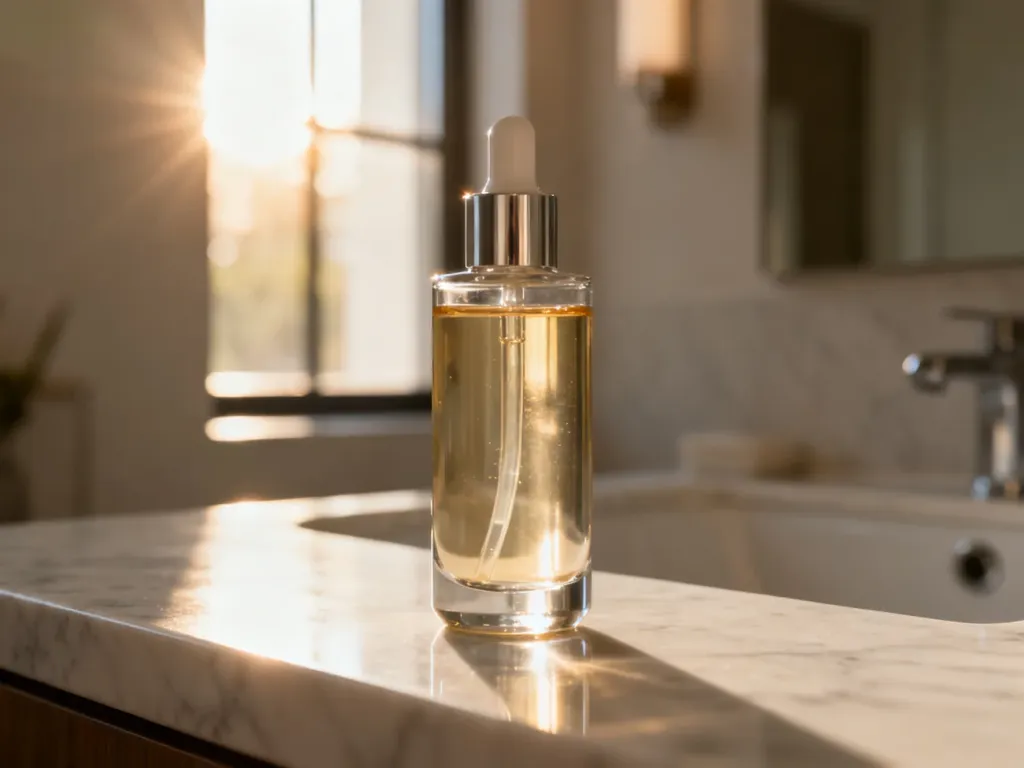 Elegancka buteleczka serum do włosów Volume Lab na marmurowym blacie w słonecznej łazience.