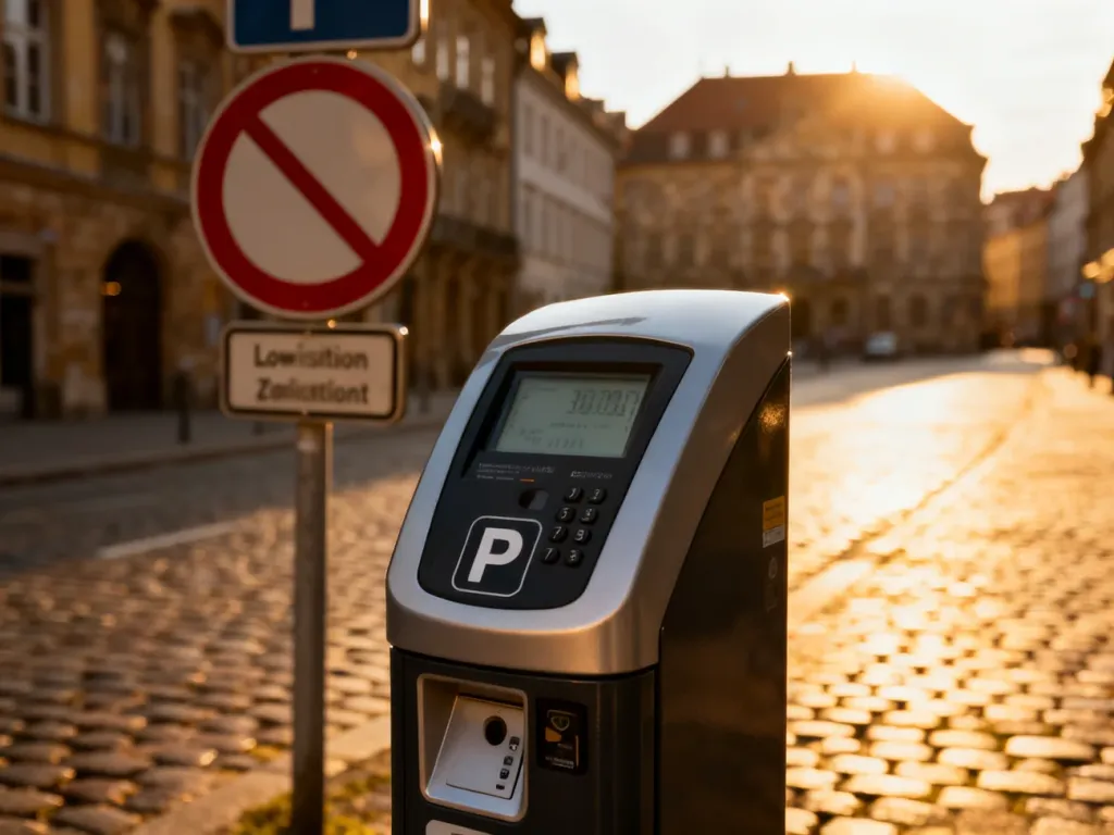 Nowoczesny parkomat na tle krakowskiej ulicy z widocznym znakiem strefy czystego transportu.