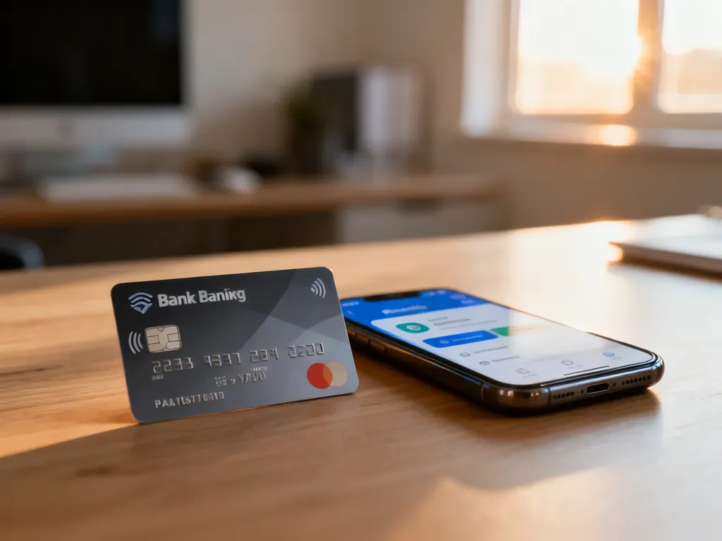 Karta płatnicza i smartfon z aplikacją bankową na biurku, symbolizujące proces zarządzania finansami i zwrotami środków.
