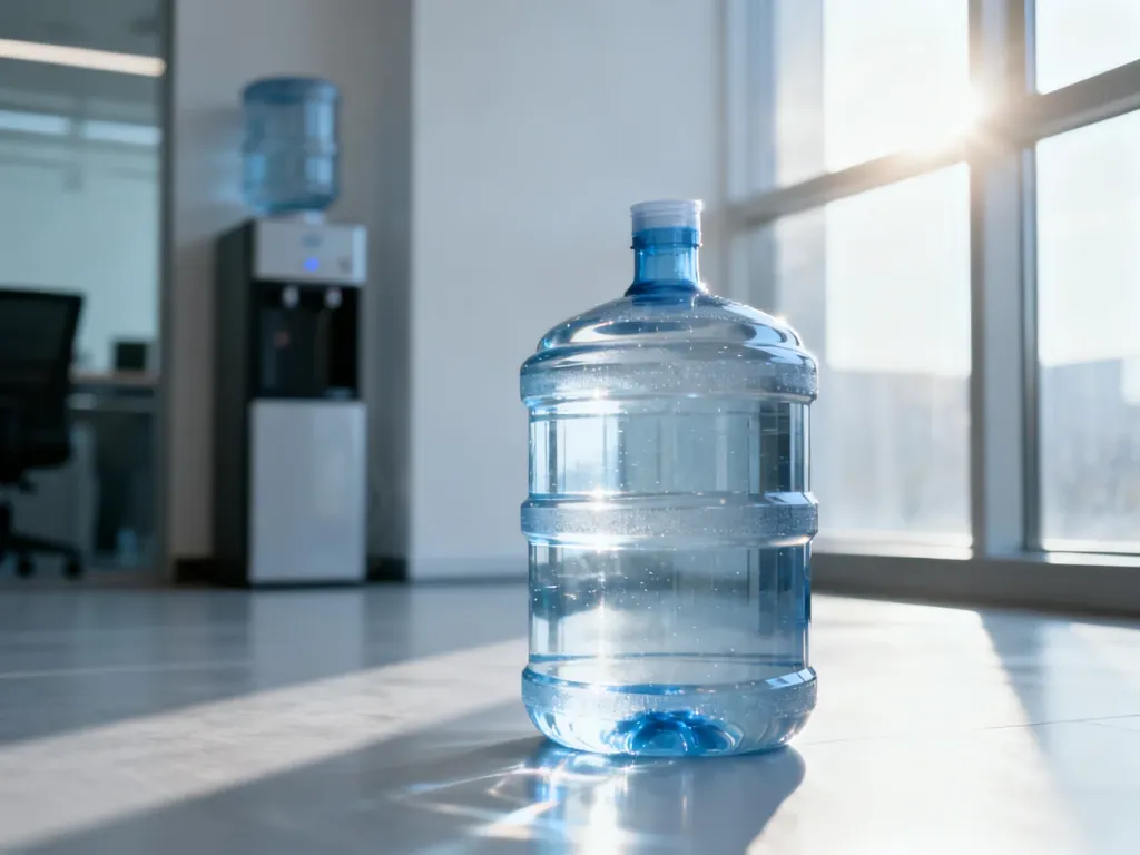 Duża butla wody 18,9 l stojąca w nowoczesnym biurze obok dystrybutora, oświetlona porannym światłem słonecznym.