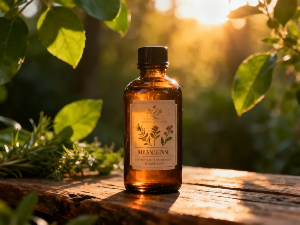 Szklana butelka z olejkiem na drewnianym blacie w otoczeniu ziół, podkreślająca naturalny charakter produktu.