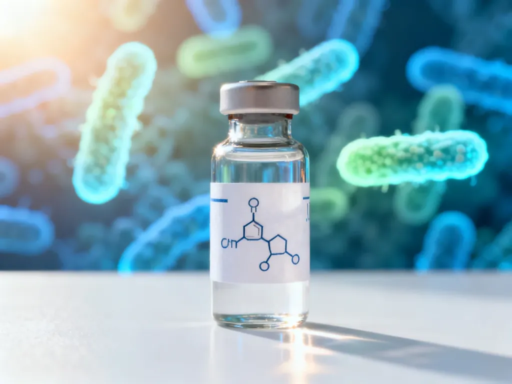 Szklana butelka z preparatem probiotycznym na laboratoryjnym blacie z rozmytym widokiem kolonii bakterii w tle.