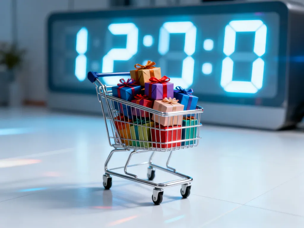 Nowoczesny wózek sklepowy wypełniony prezentami na tle cyfrowego zegara odliczającego czas do wyprzedaży Black Friday.