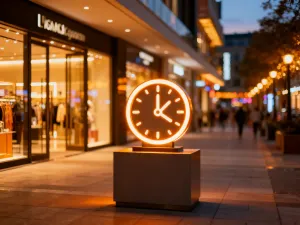 Nowoczesny wózek sklepowy wypełniony prezentami na tle cyfrowego zegara odliczającego czas do wyprzedaży Black Friday.