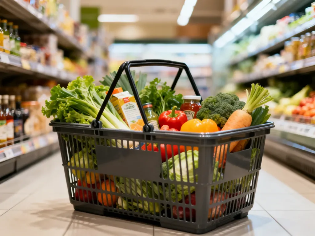 Koszyk wypełniony świeżymi warzywami i produktami spożywczymi wewnątrz nowoczesnego supermarketu.