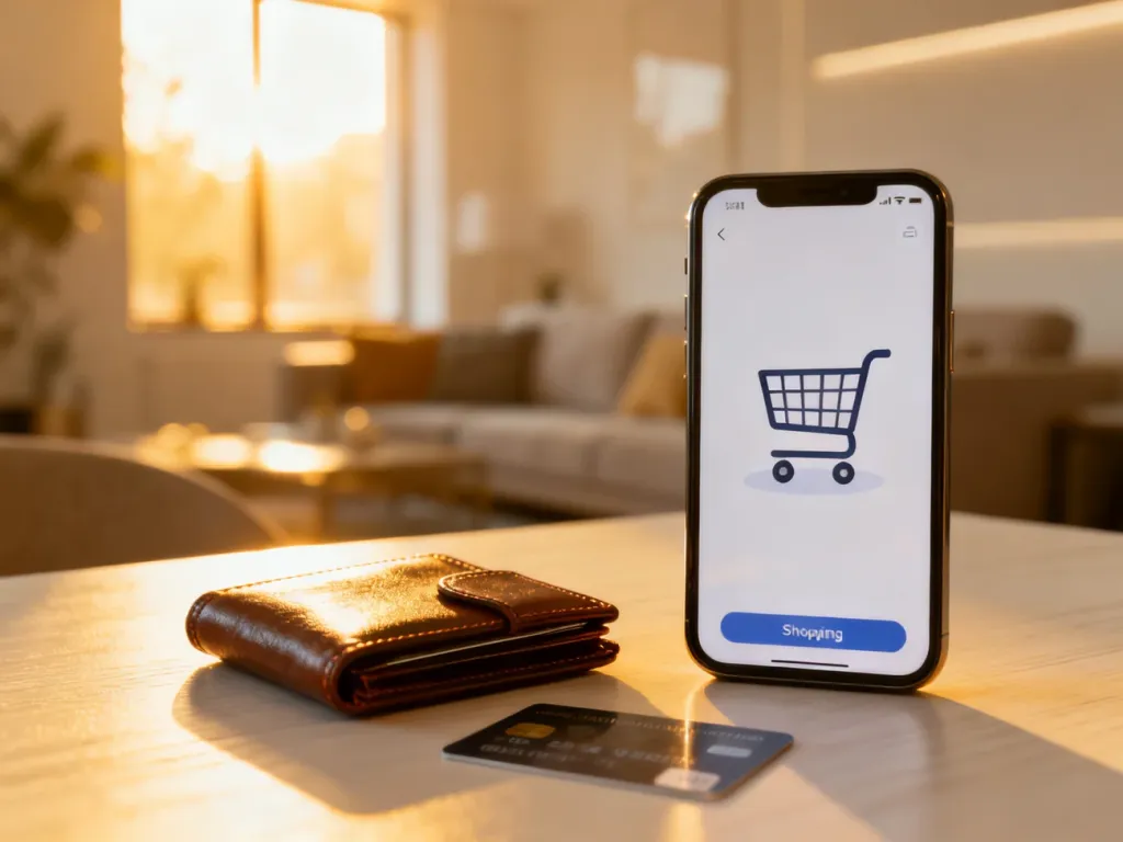 Smartfon z aplikacją zakupową oraz portfel z kartą płatniczą na drewnianym stole, symbolizujące nowoczesne płatności.
