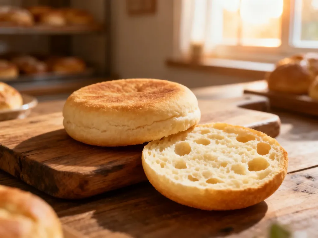 Świeżo upieczony muffin angielski z charakterystycznymi dziurkami na drewnianej desce w przytulnej piekarni.