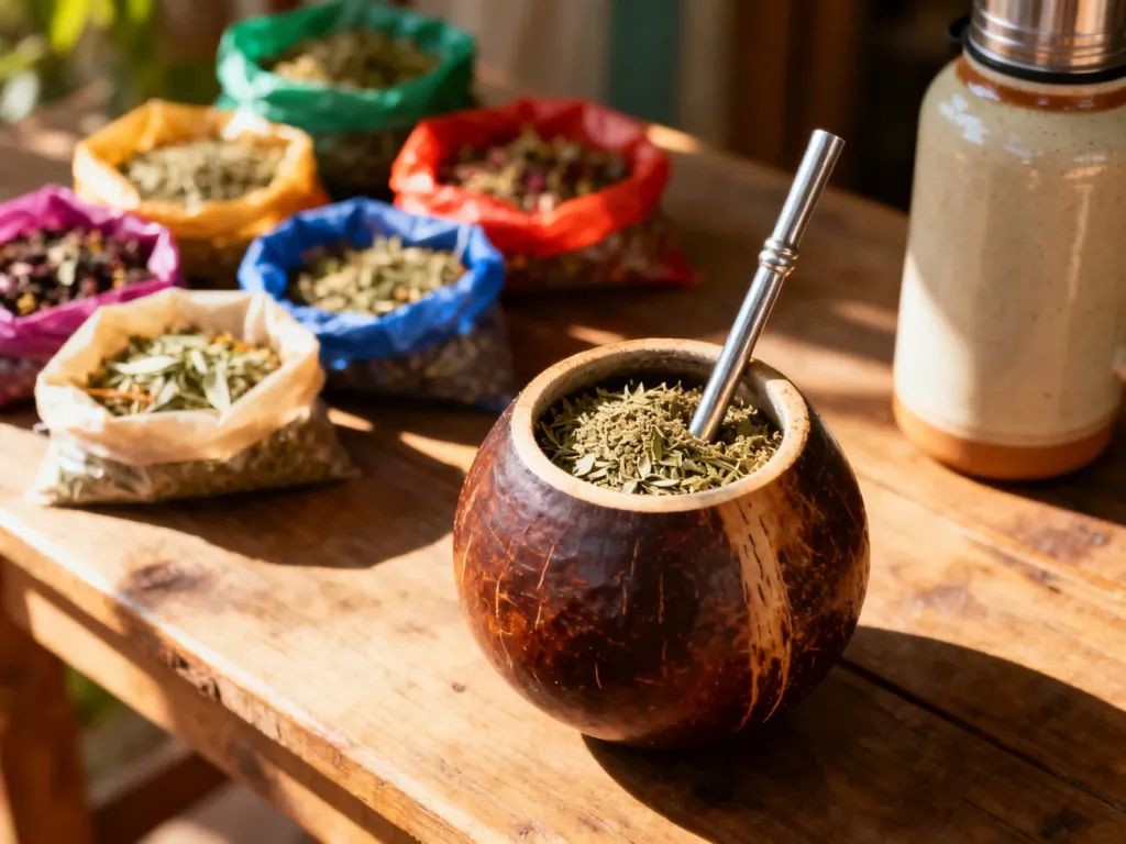 Tradycyjne naczynie z yerba mate i bombillą na drewnianym stole w otoczeniu opakowań z suszem.