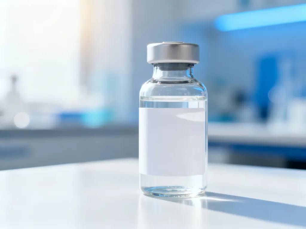 Nowoczesna butelka z preparatem farmaceutycznym na sterylnym stole laboratoryjnym, podkreślająca profesjonalizm marki Noyo Pharm.