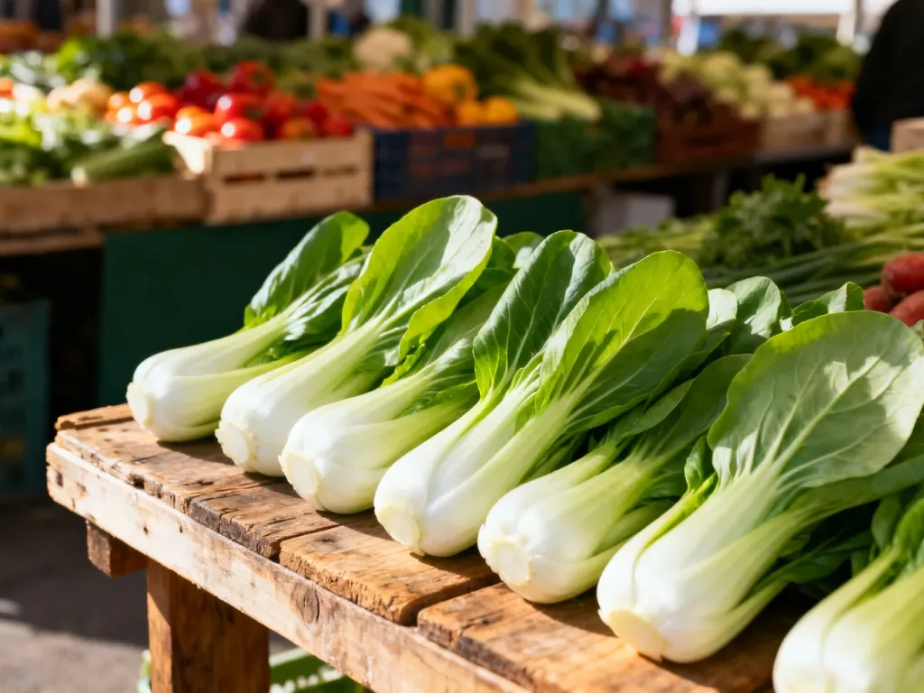 Świeże główki kapusty pak choi ułożone na drewnianym straganie na lokalnym targu warzywnym.