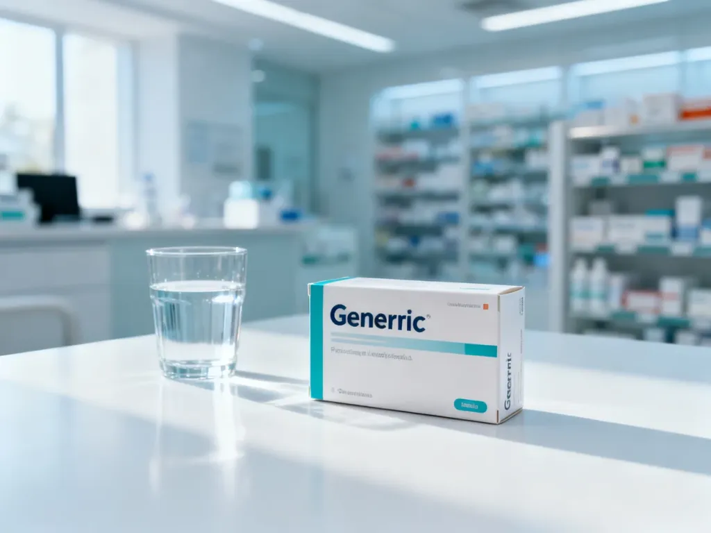 Opakowanie leku Clotidal Max obok szklanki wody na sterylnym, klinicznym tle apteki.