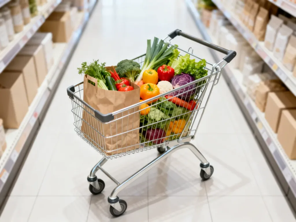 Wózek sklepowy wypełniony świeżymi warzywami i produktami spożywczymi w nowoczesnej alejce supermarketu.