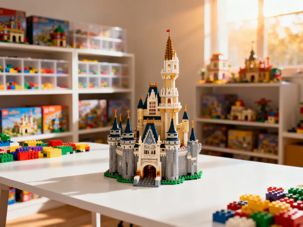 Złożony model zamku z klocków LEGO wyeksponowany na białym stole w profesjonalnym studiu.